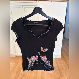 100% Cotton Vintage FANG Black CropTop with Pink Rose & Butterfly Embroidery